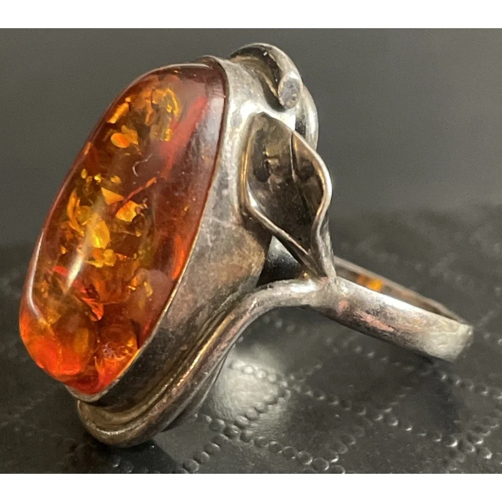Sterling Silver Amber Ring‎ Statement Chunky 925 Calla Lily Artisan Size 6